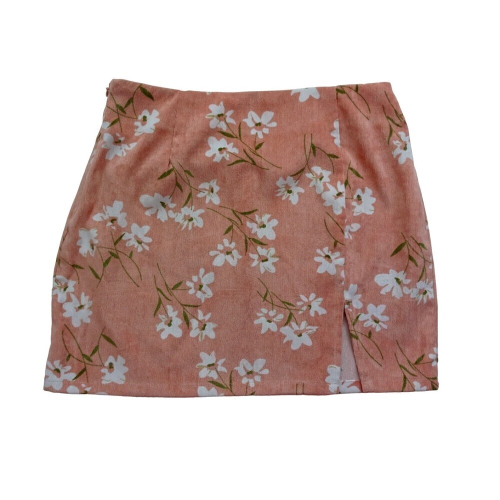 💰3/$25 SHEIN Women's Mini Skirt Soft Corduroy Floral Salmon Orange Slit S